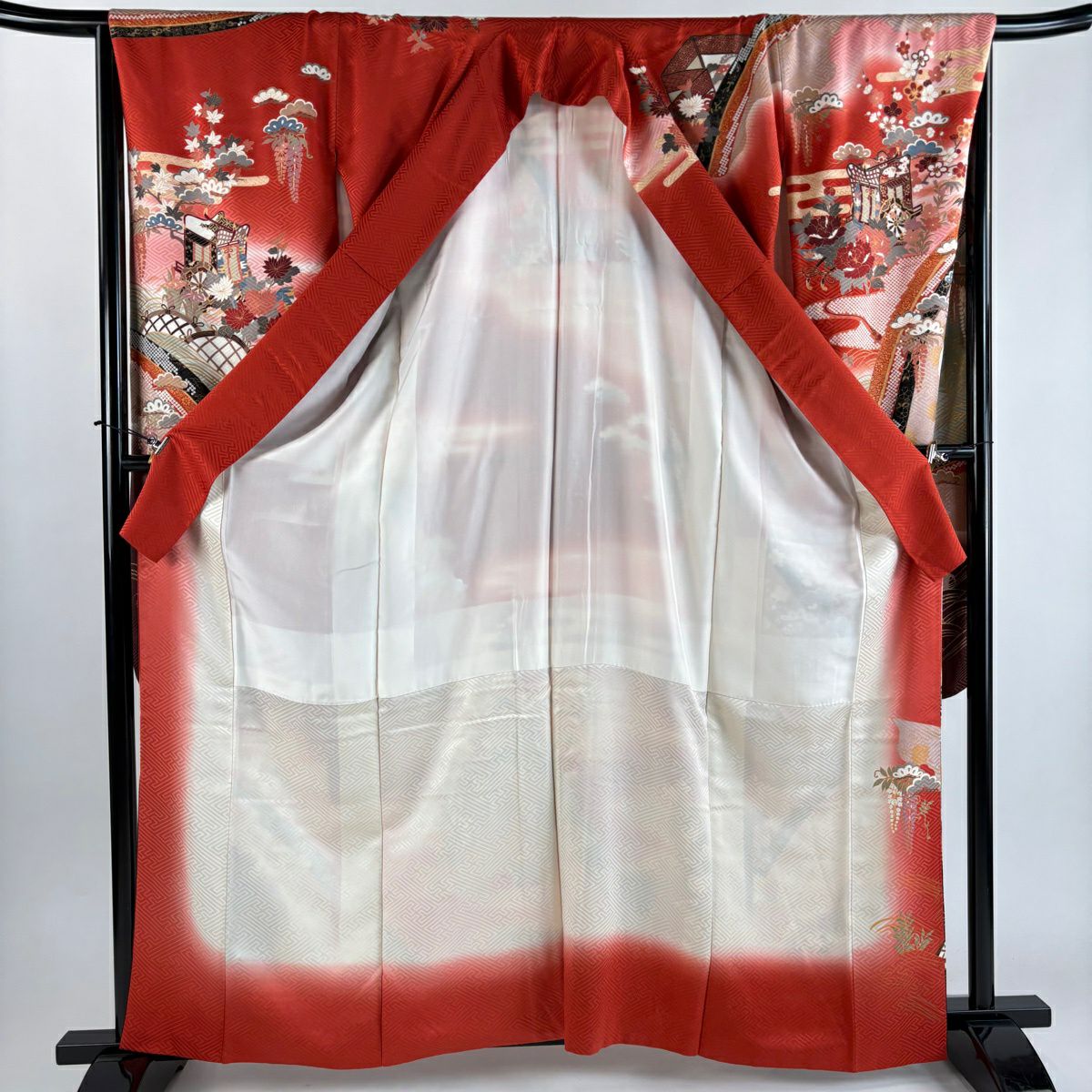 【美品】振袖禮服 身長163cm 袖長66cm M 雙層 御所車 松樹竹子梅花 金絲 金銀彩 紅 純蠶絲 秀品級