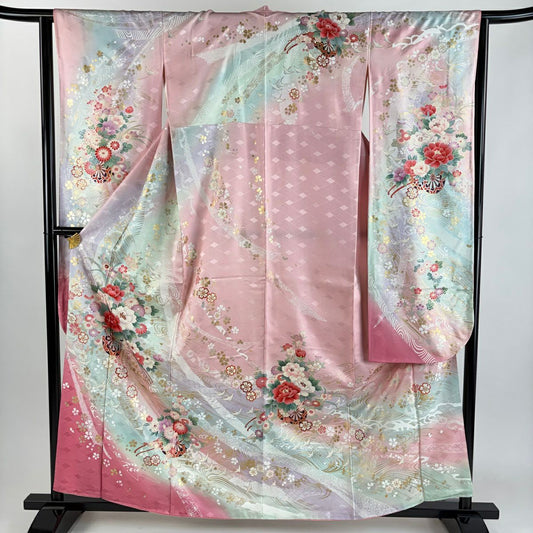 振袖禮服 身長160.5cm 袖長63cm S 雙層 花車 仙鶴 金銀彩 漸層 粉紅 純蠶絲 秀品級