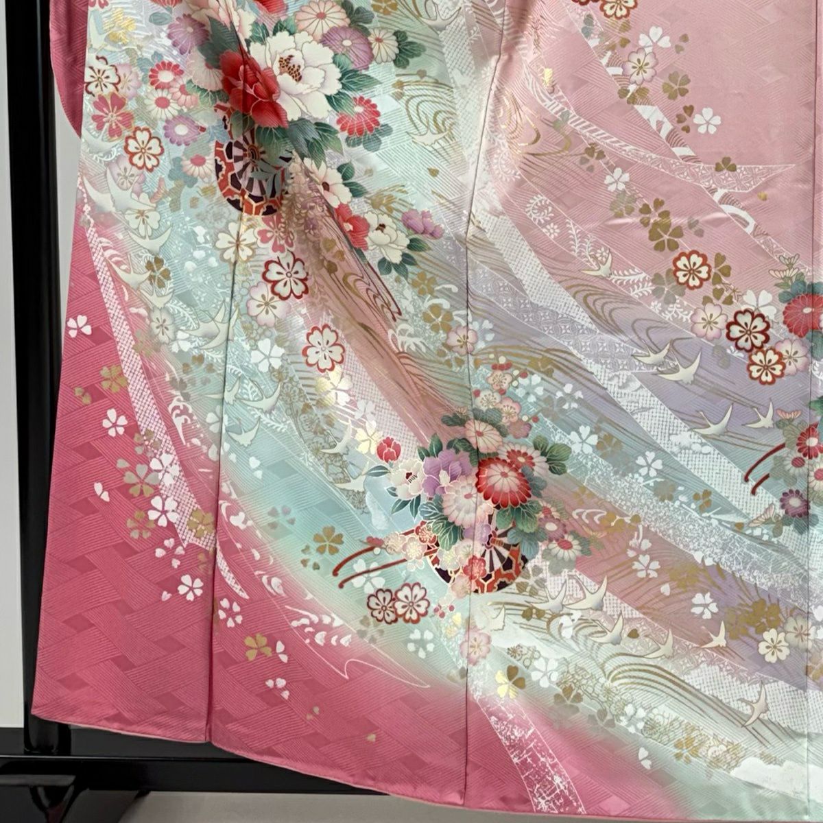 振袖禮服 身長160.5cm 袖長63cm S 雙層 花車 仙鶴 金銀彩 漸層 粉紅 純蠶絲 秀品級