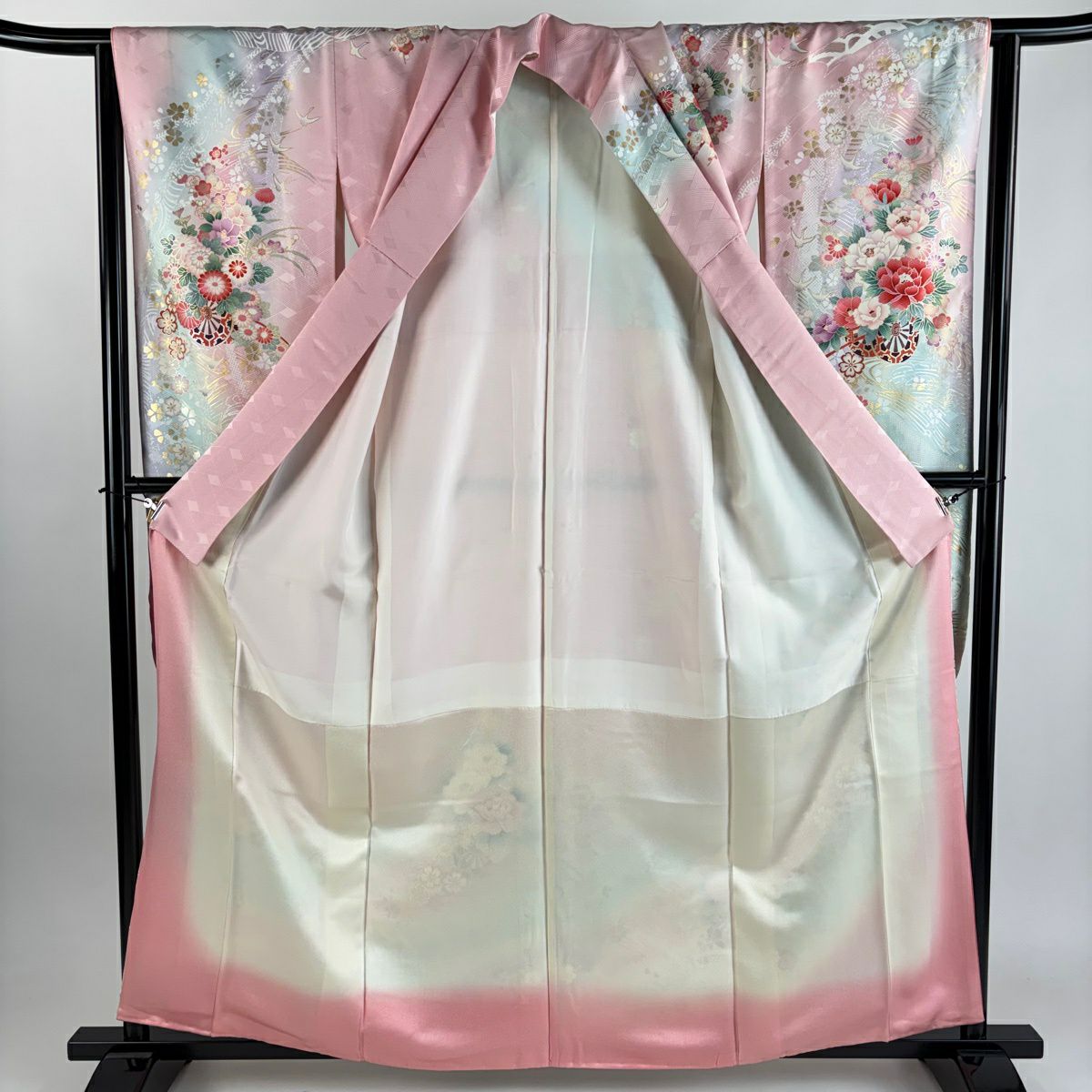 振袖禮服 身長160.5cm 袖長63cm S 雙層 花車 仙鶴 金銀彩 漸層 粉紅 純蠶絲 秀品級