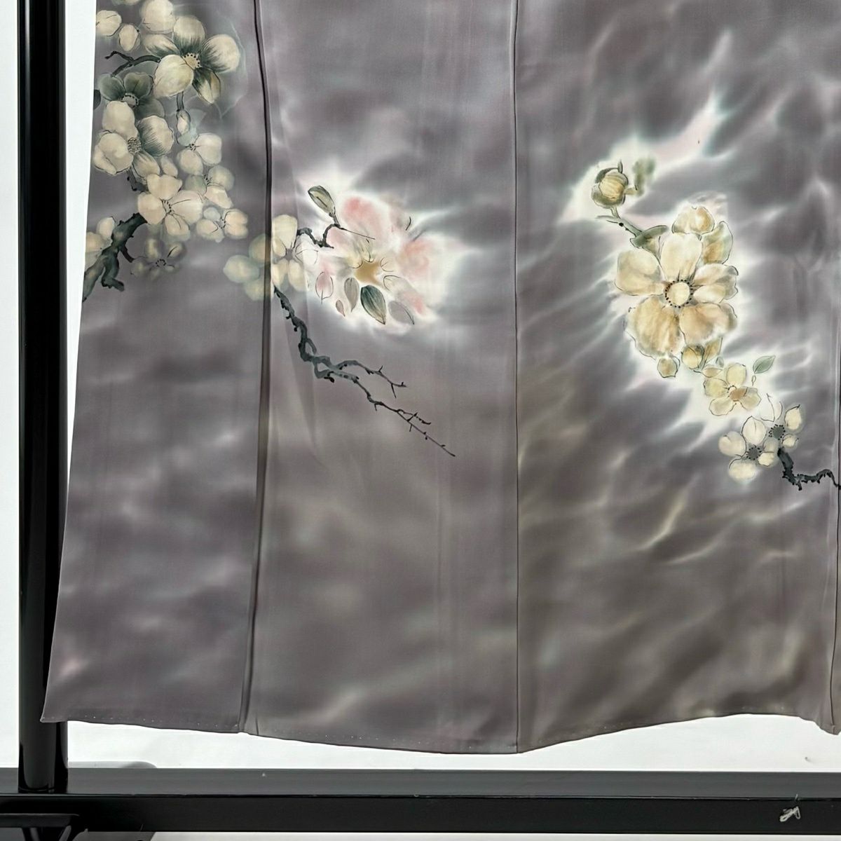 付下 身長153.5cm 袖長63cm S 雙層 本鄉大田子 有落款 枝花 漸變 灰紫 純蠶絲 優品級