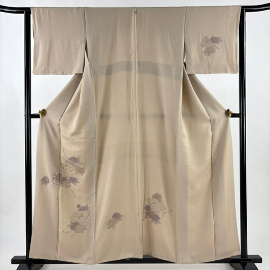 付下 身長156.5cm 袖長64cm M 雙層 扇子 牡丹 刺繡 淺茶 純蠶絲 秀品級 一個紋