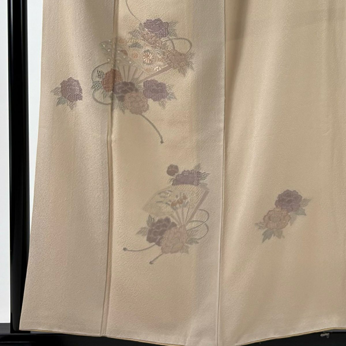 付下 身長156.5cm 袖長64cm M 雙層 扇子 牡丹 刺繡 淺茶 純蠶絲 秀品級 一個紋