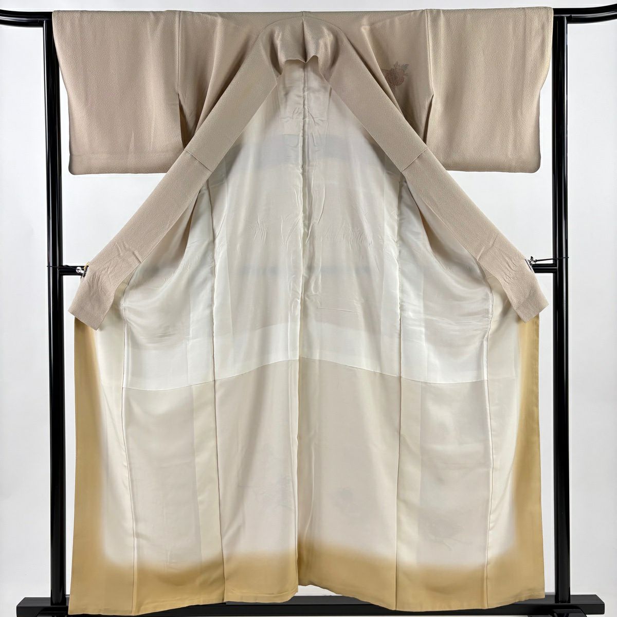 付下 身長156.5cm 袖長64cm M 雙層 扇子 牡丹 刺繡 淺茶 純蠶絲 秀品級 一個紋