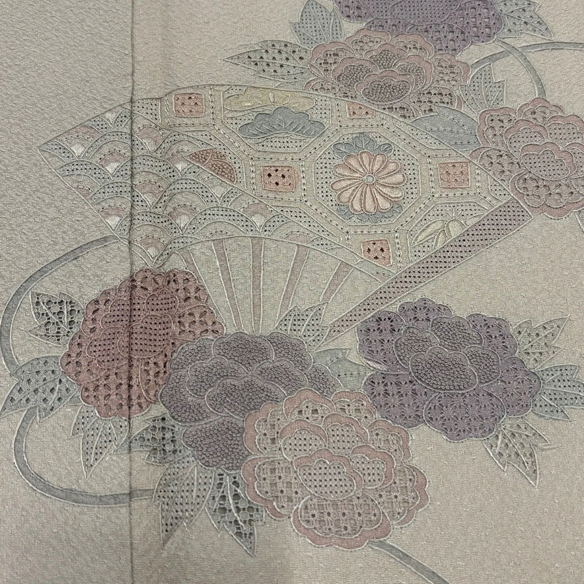 付下 身長156.5cm 袖長64cm M 雙層 扇子 牡丹 刺繡 淺茶 純蠶絲 秀品級 一個紋