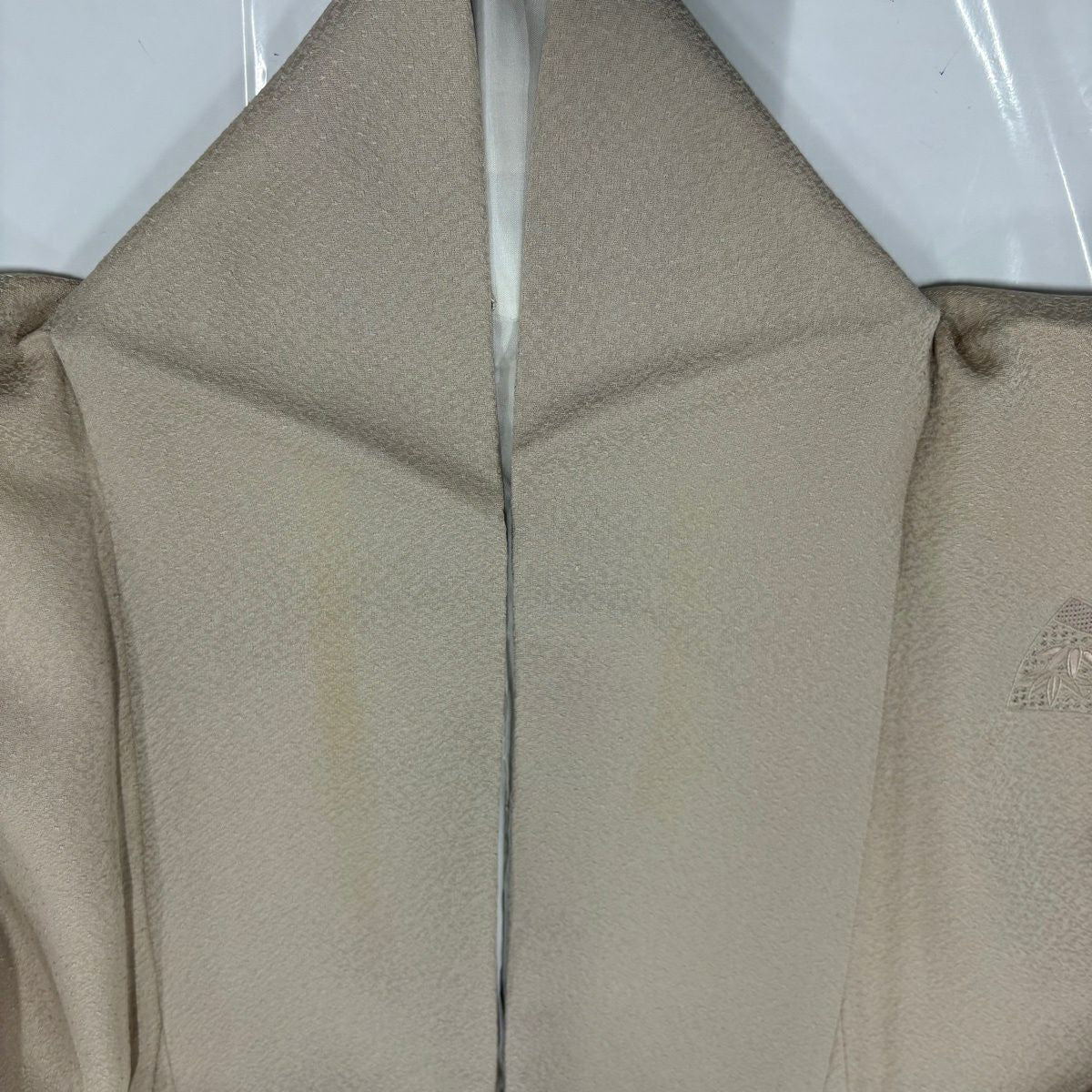 付下 身長156.5cm 袖長64cm M 雙層 扇子 牡丹 刺繡 淺茶 純蠶絲 秀品級 一個紋