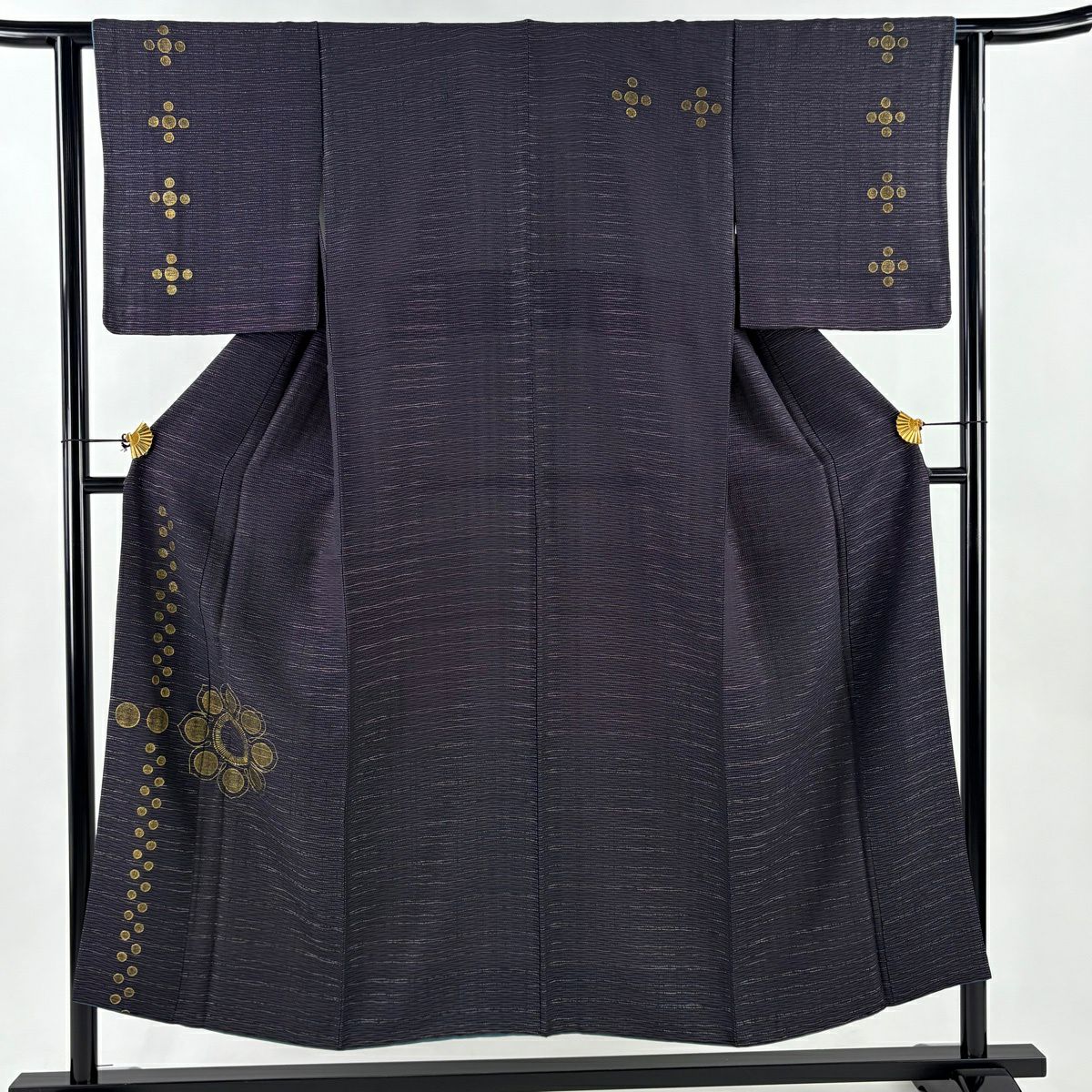 付下 身長151.5cm 袖長61.5cm S 雙層 花 橫條 銀線 金銀彩 深紫 純蠶絲 優品級