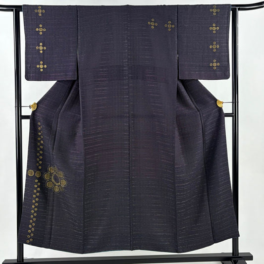 付下 身長151.5cm 袖長61.5cm S 雙層 花 橫條 銀線 金銀彩 深紫 純蠶絲 優品級