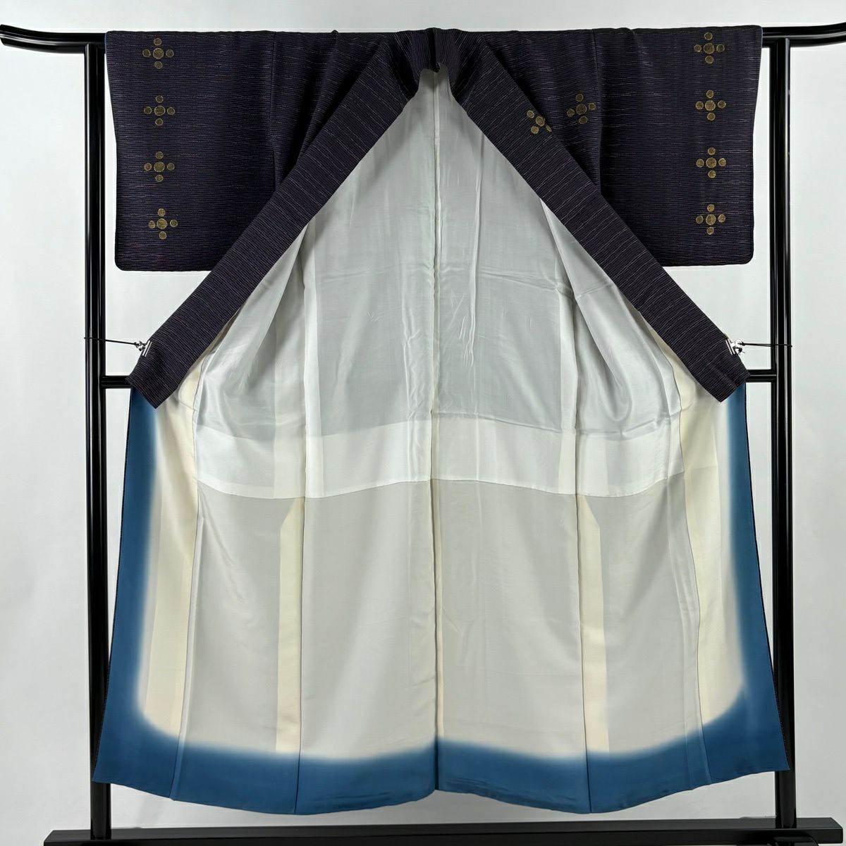 付下 身長151.5cm 袖長61.5cm S 雙層 花 橫條 銀線 金銀彩 深紫 純蠶絲 優品級