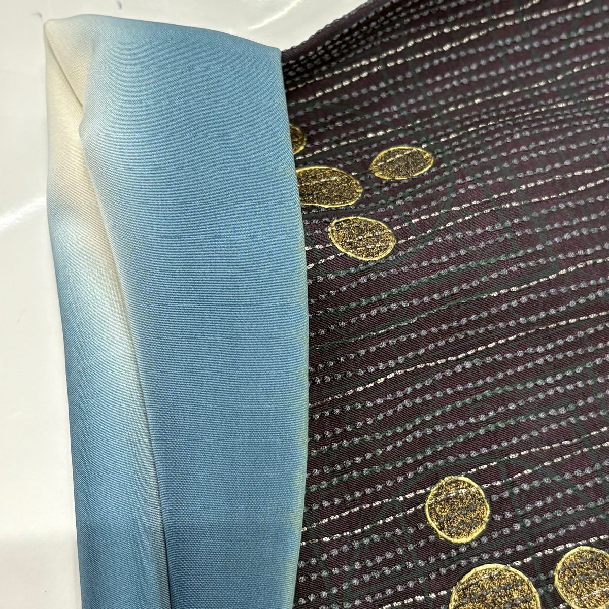 付下 身長151.5cm 袖長61.5cm S 雙層 花 橫條 銀線 金銀彩 深紫 純蠶絲 優品級