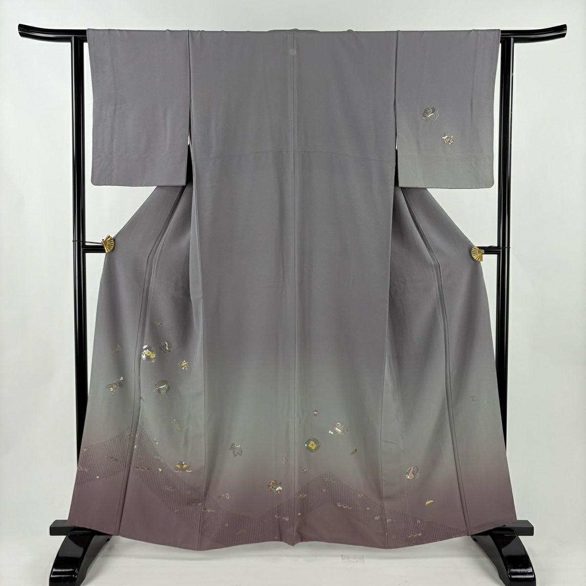 付下 身長162cm 袖長62cm S 雙層 寶盡くし 花 刺繡 金線 灰紫 純蠶絲 優品級 一個紋