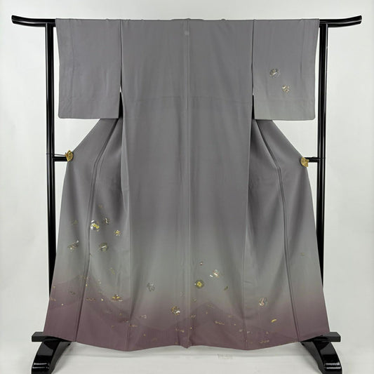 付下 身長162cm 袖長62cm S 雙層 寶盡くし 花 刺繡 金線 灰紫 純蠶絲 優品級 一個紋