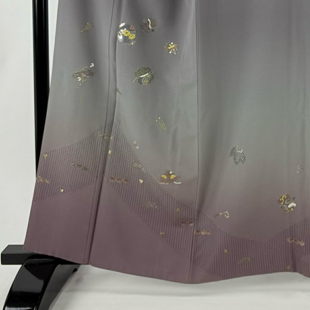 付下 身長162cm 袖長62cm S 雙層 寶盡くし 花 刺繡 金線 灰紫 純蠶絲 優品級 一個紋