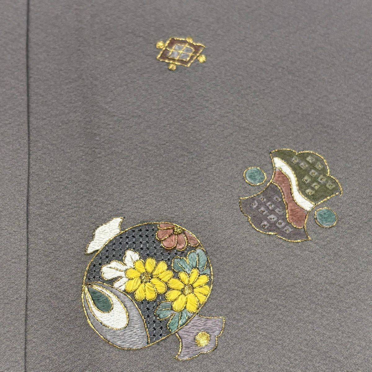 付下 身長162cm 袖長62cm S 雙層 寶盡くし 花 刺繡 金線 灰紫 純蠶絲 優品級 一個紋
