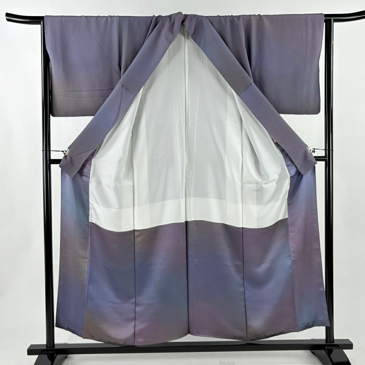 【美品】 小紋 身長153.5cm 袖長64cm M 雙層 斉藤三才 落款あり 漸層圖案 灰紫 純蠶絲 秀品級 一つ紋
