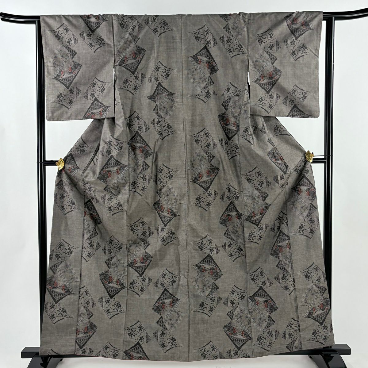 【美品】 紬織織 身長162cm 袖長63cm S 雙層 冊子 草花紋紋 焦茶 純蠶絲 秀品級