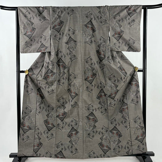 【美品】 紬織織 身長162cm 袖長63cm S 雙層 冊子 草花紋紋 焦茶 純蠶絲 秀品級