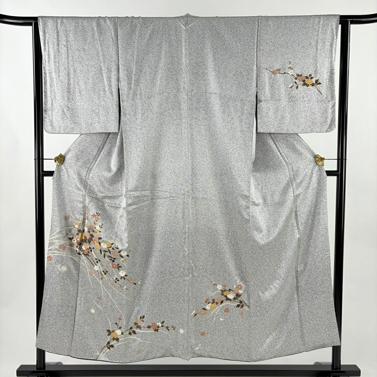 付下 身長153cm 袖長63.5cm S 雙層 花車 金彩裝飾 黑灰 純蠶絲 優品級