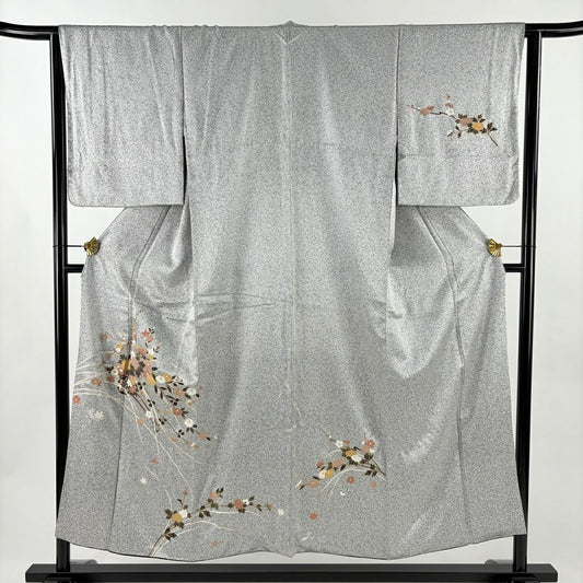 付下 身長153cm 袖長63.5cm S 雙層 花車 金彩裝飾 黑灰 純蠶絲 優品級