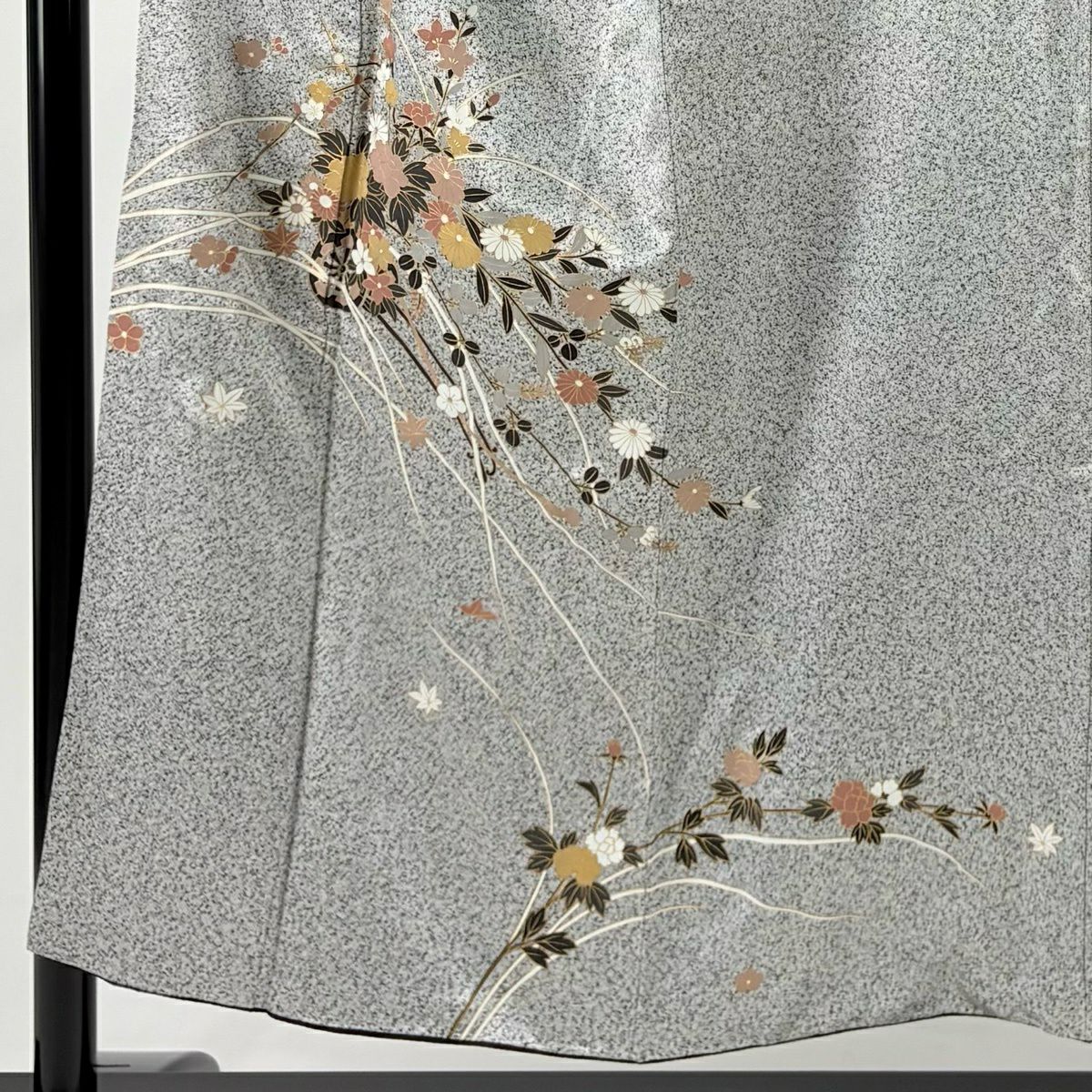 付下 身長153cm 袖長63.5cm S 雙層 花車 金彩裝飾 黑灰 純蠶絲 優品級