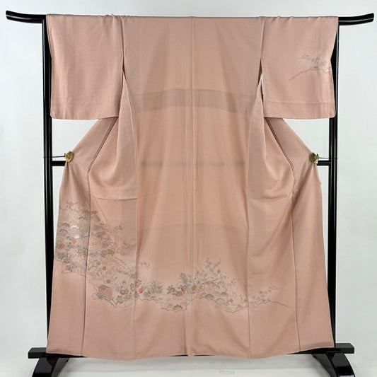 【美品】 付下 身長160.5cm 袖長66.5cm M 雙層 建物 松樹竹子梅花 刺繡 粉紅 純蠶絲 秀品級