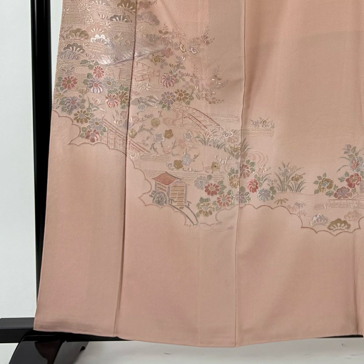【美品】 付下 身長160.5cm 袖長66.5cm M 雙層 建物 松樹竹子梅花 刺繡 粉紅 純蠶絲 秀品級