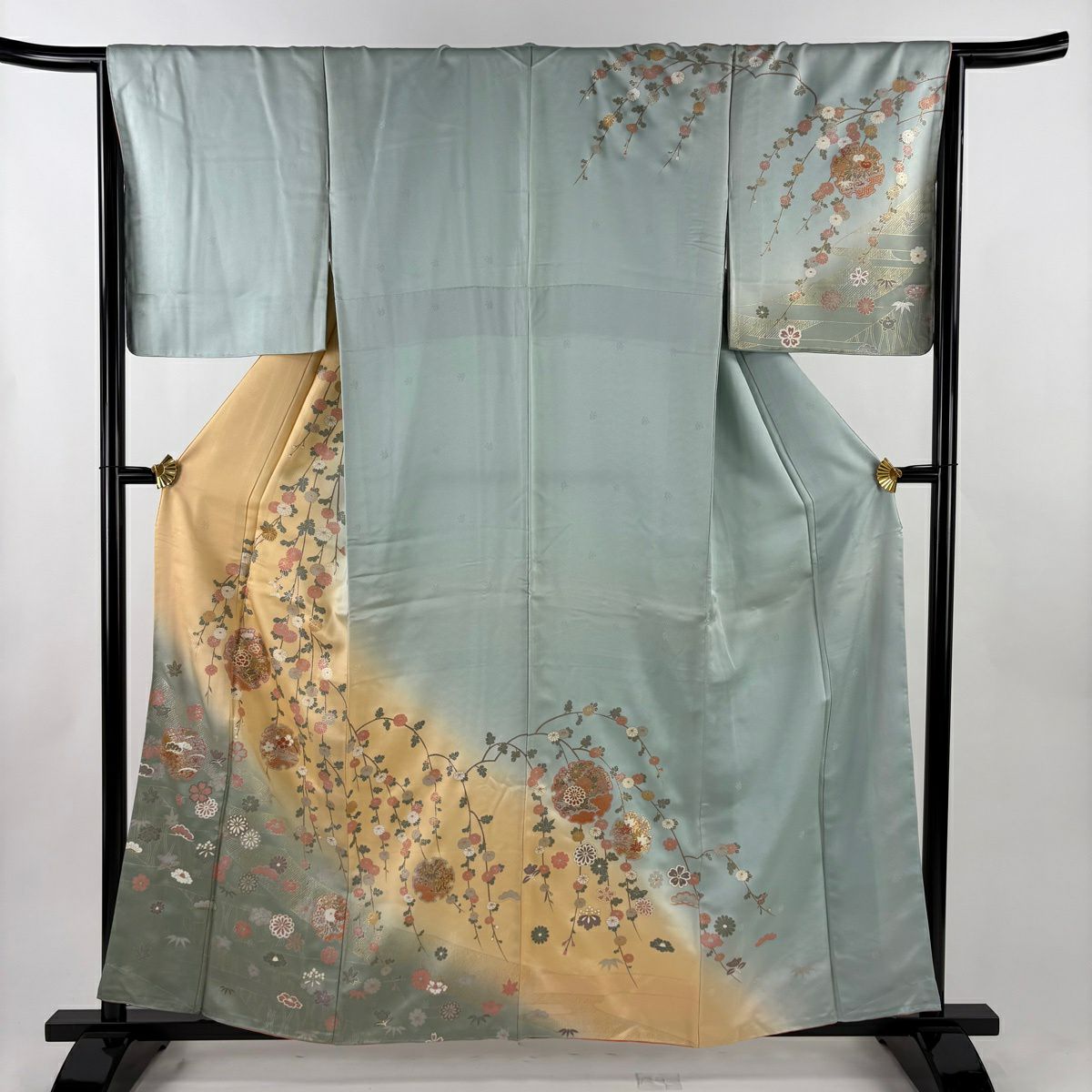 訪問服 身長158.5cm 袖長65.5cm M 雙層 雪輪 菊花 金銀彩 漸層 淺綠 純蠶絲 優品級