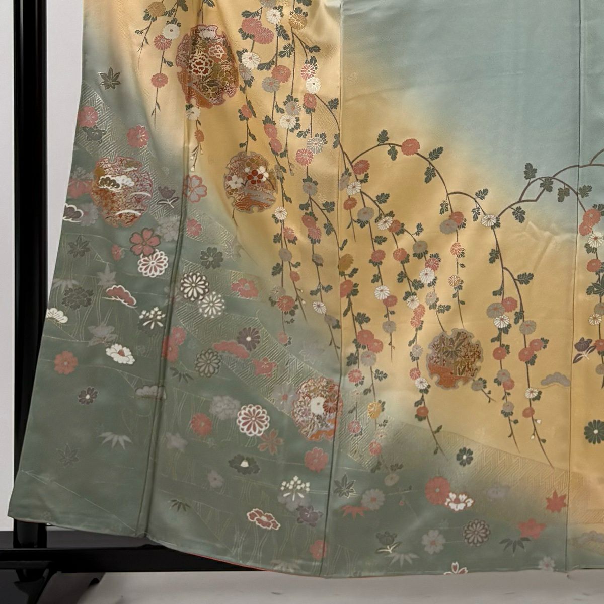 訪問服 身長158.5cm 袖長65.5cm M 雙層 雪輪 菊花 金銀彩 漸層 淺綠 純蠶絲 優品級