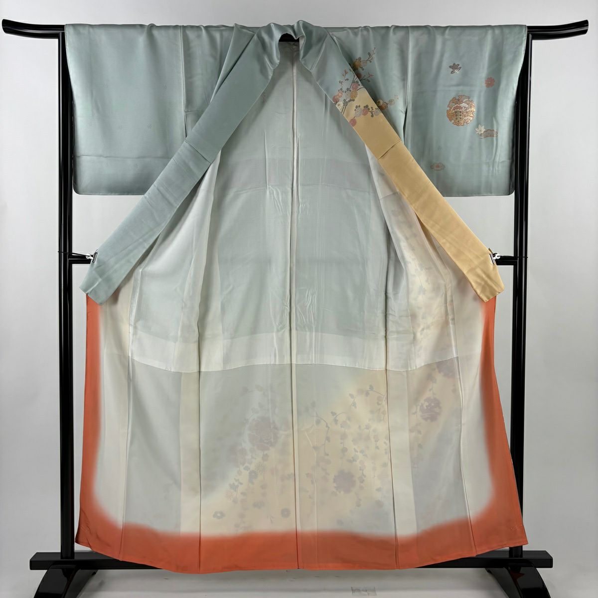 訪問服 身長158.5cm 袖長65.5cm M 雙層 雪輪 菊花 金銀彩 漸層 淺綠 純蠶絲 優品級