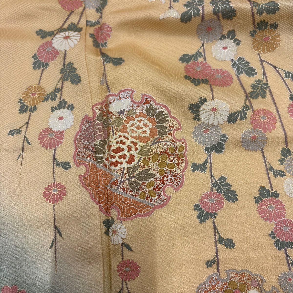 訪問服 身長158.5cm 袖長65.5cm M 雙層 雪輪 菊花 金銀彩 漸層 淺綠 純蠶絲 優品級