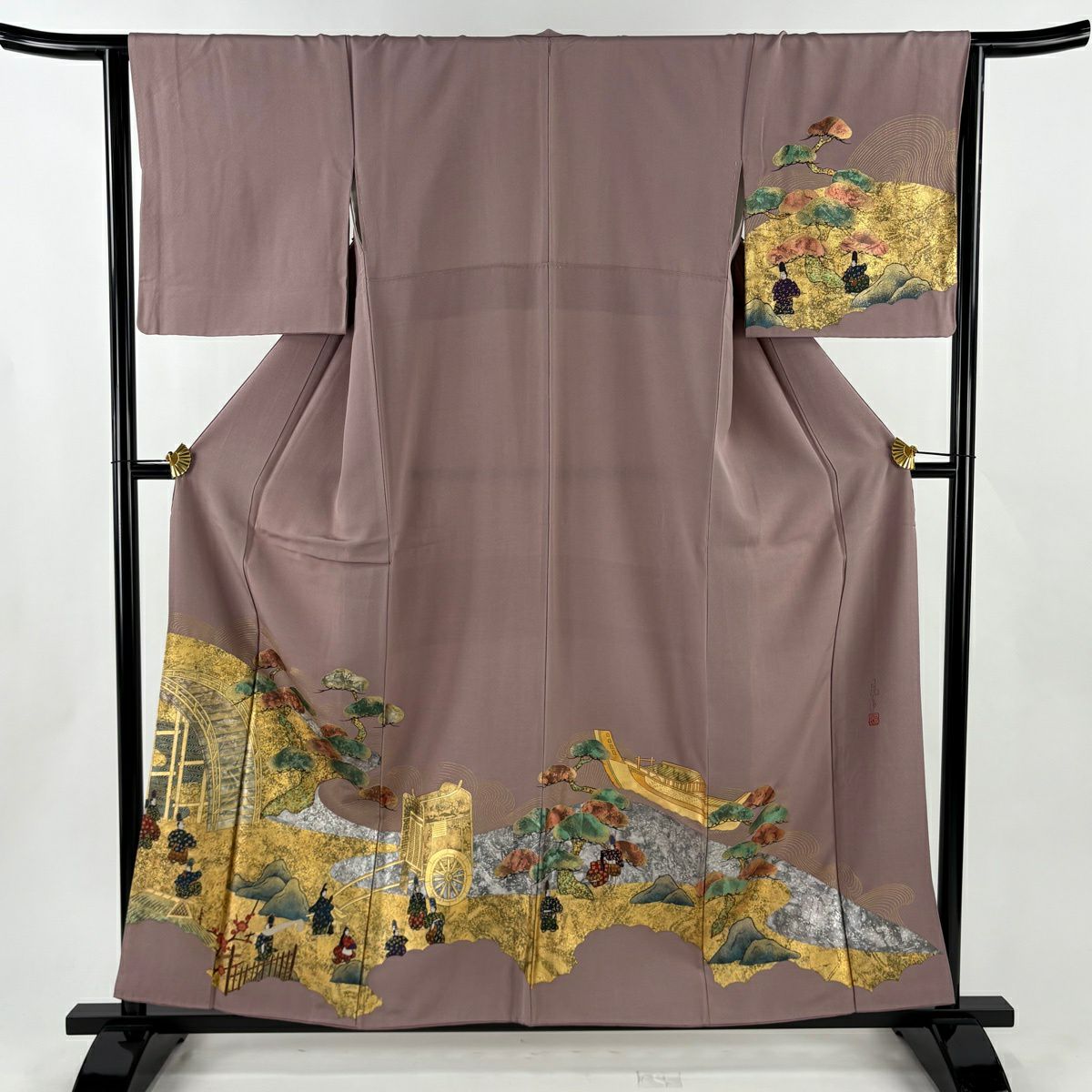 付下 身長158.5cm 袖長64cm M 雙層 落款有 橋 人物 螺鈿 金銀彩 灰紫 純蠶絲 秀品級