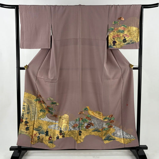 付下 身長158.5cm 袖長64cm M 雙層 落款有 橋 人物 螺鈿 金銀彩 灰紫 純蠶絲 秀品級