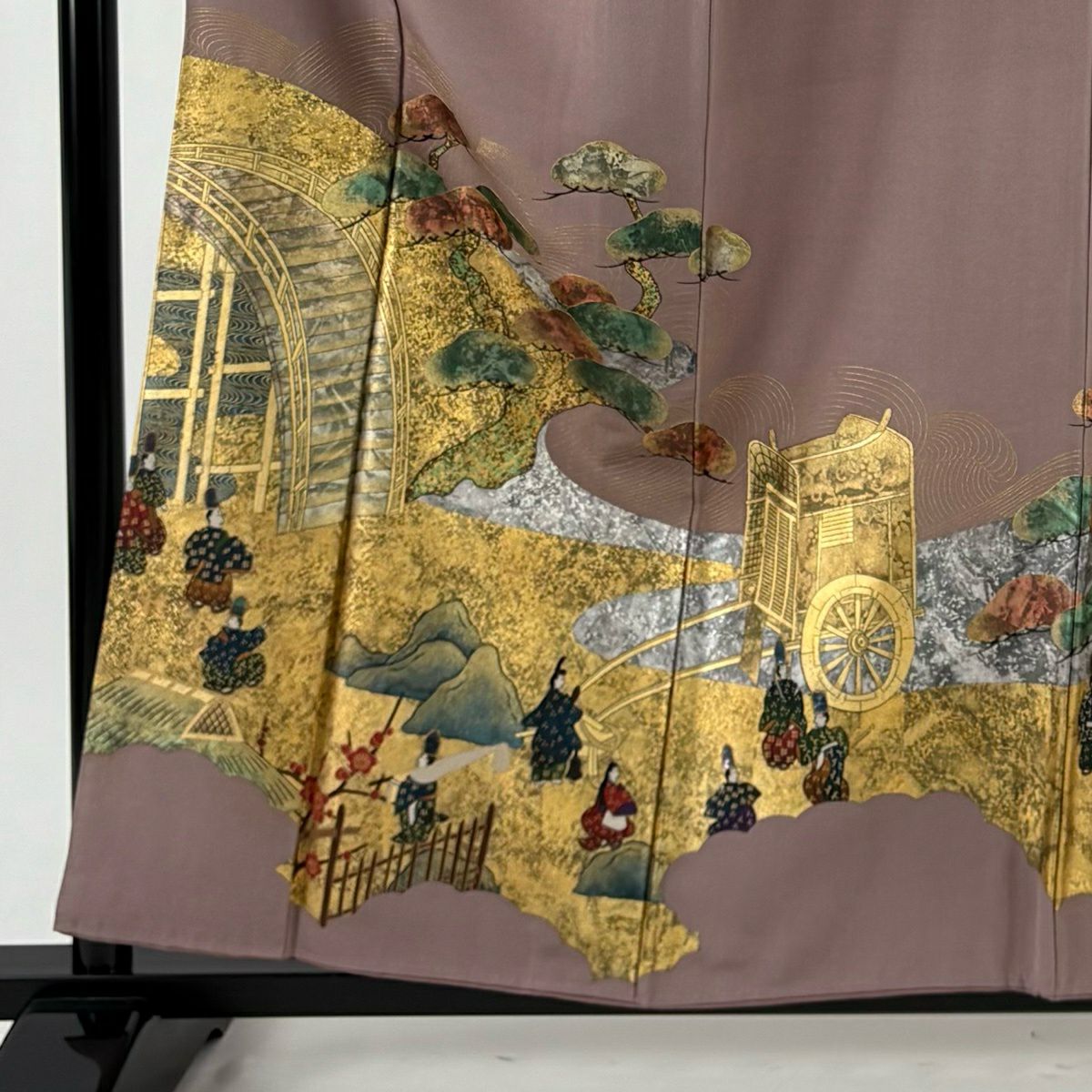 付下 身長158.5cm 袖長64cm M 雙層 落款有 橋 人物 螺鈿 金銀彩 灰紫 純蠶絲 秀品級