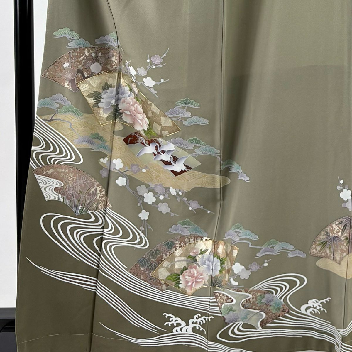 留袖禮服禮服 身長165cm 袖長65cm M 雙層 扇子面 仙鶴 金絲 金銀彩 灰綠 純蠶絲 秀品級 一個紋