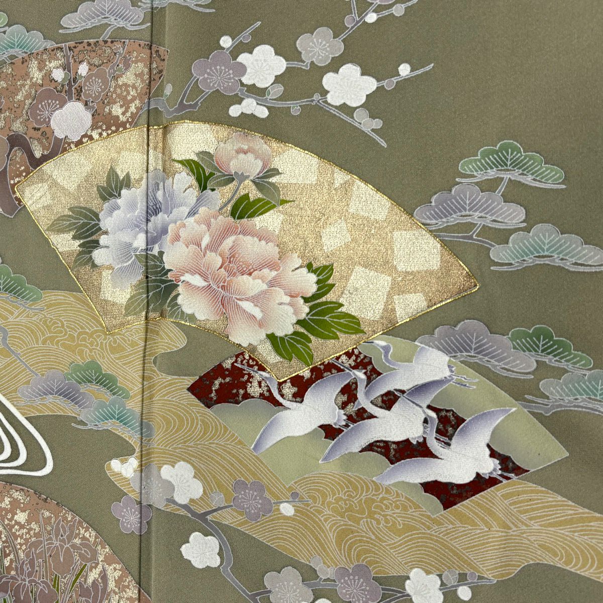 留袖禮服禮服 身長165cm 袖長65cm M 雙層 扇子面 仙鶴 金絲 金銀彩 灰綠 純蠶絲 秀品級 一個紋