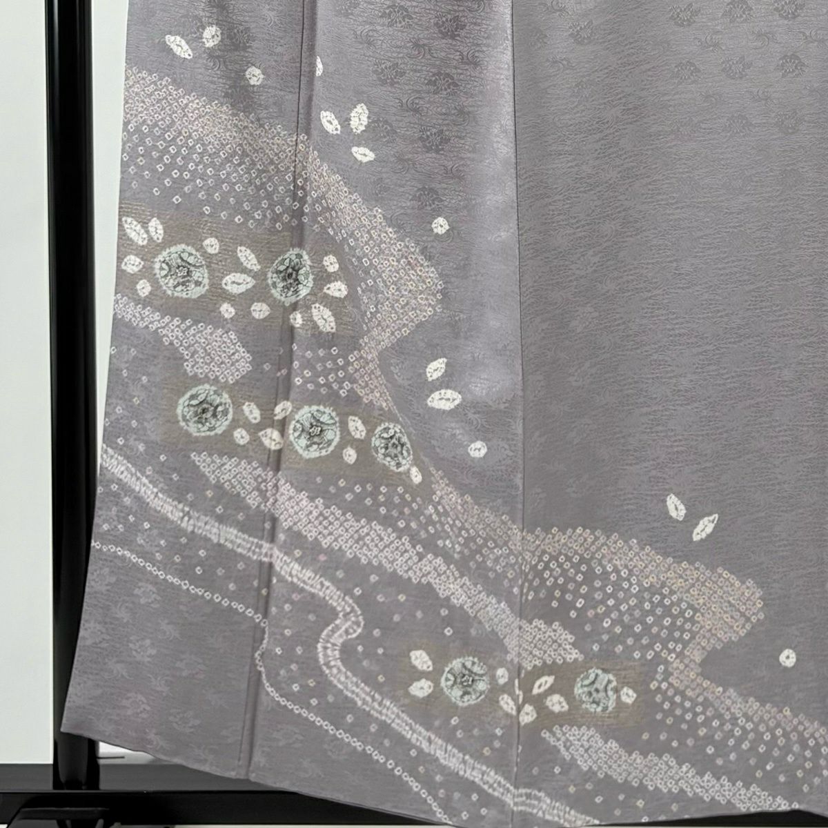 付下 身長158cm 袖長65.5cm M 雙層 草花紋紋 流水 絞染 金彩裝飾 灰紫 純蠶絲 秀品級