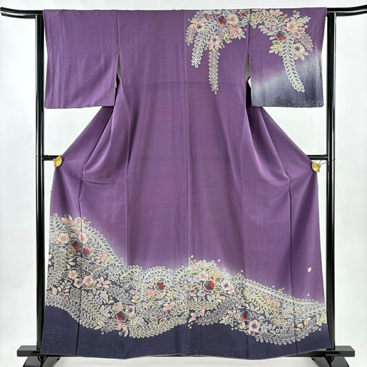 訪問服 身長158.5cm 袖長63cm S 雙層 落款あり 辻花染 漸變 紫 純蠶絲 秀品級