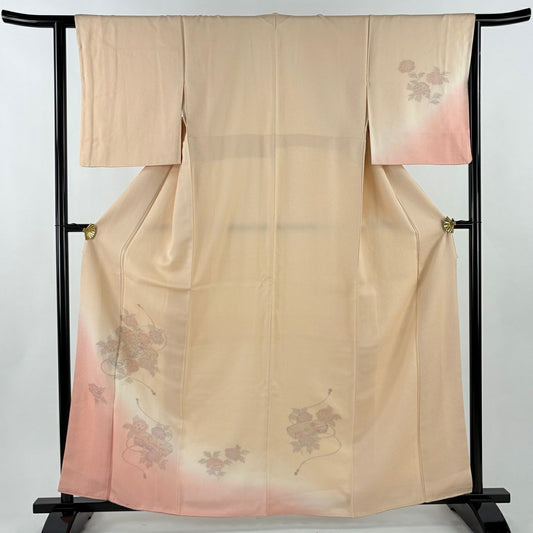 【美品】 付下 身長162.5cm 袖長63.5cm S 雙層 文箱 草花紋刺繡 漸層 粉米色 純蠶絲 優品級