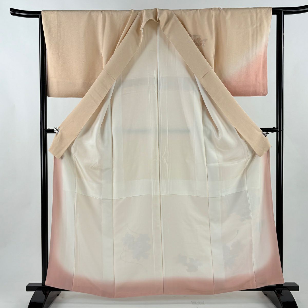 【美品】 付下 身長162.5cm 袖長63.5cm S 雙層 文箱 草花紋刺繡 漸層 粉米色 純蠶絲 優品級