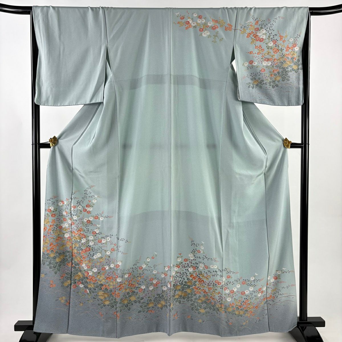 訪問服 身長163cm 袖長67cm M 雙層 菊花 萩 漸層 青灰 純蠶絲 優品級