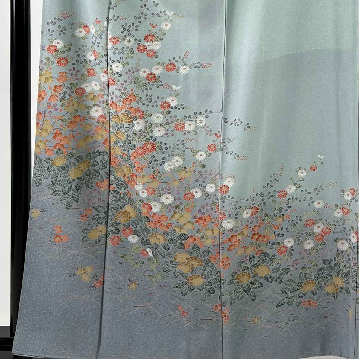 訪問服 身長163cm 袖長67cm M 雙層 菊花 萩 漸層 青灰 純蠶絲 優品級