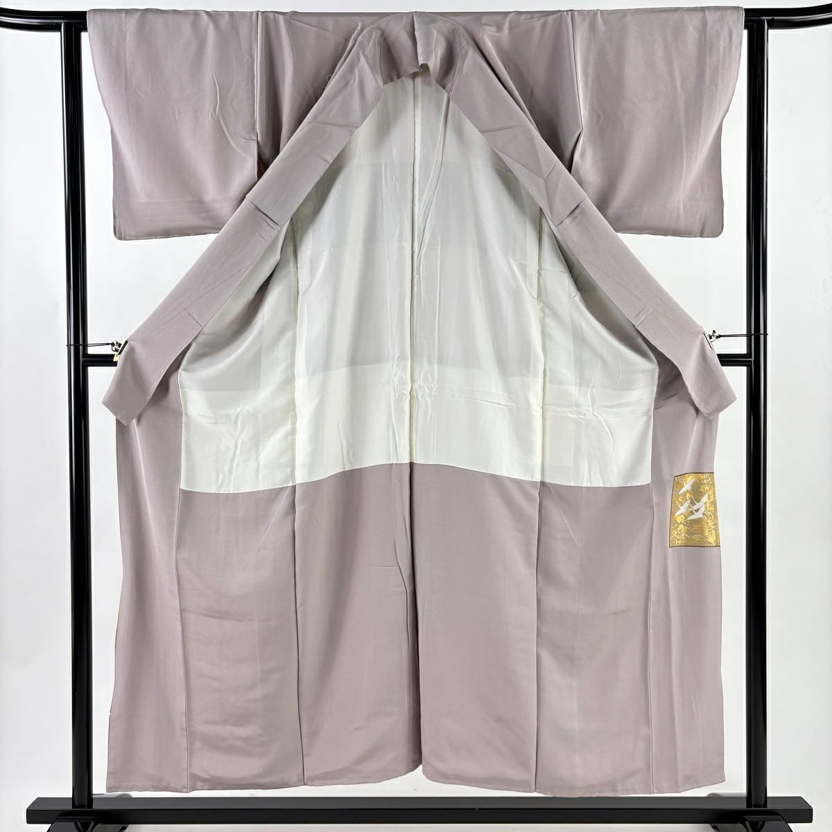 色留袖禮服 身長153cm 袖長63cm S 雙層 落款あり 卡爾塔 仙鶴 金銀彩 灰紫 純蠶絲 秀品級