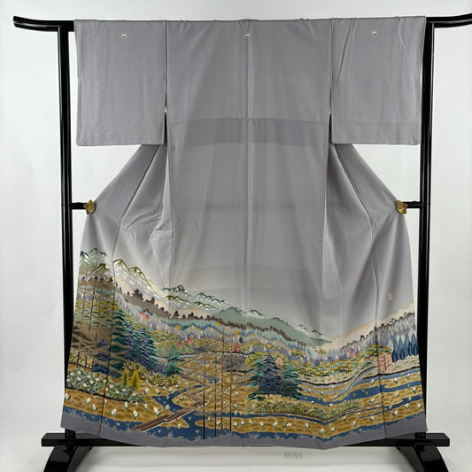 色留袖禮服 身長158.5cm 袖長62.5cm S 雙層 落款有 風景 山脈 漸層 灰紫 純蠶絲 優品級 三個紋