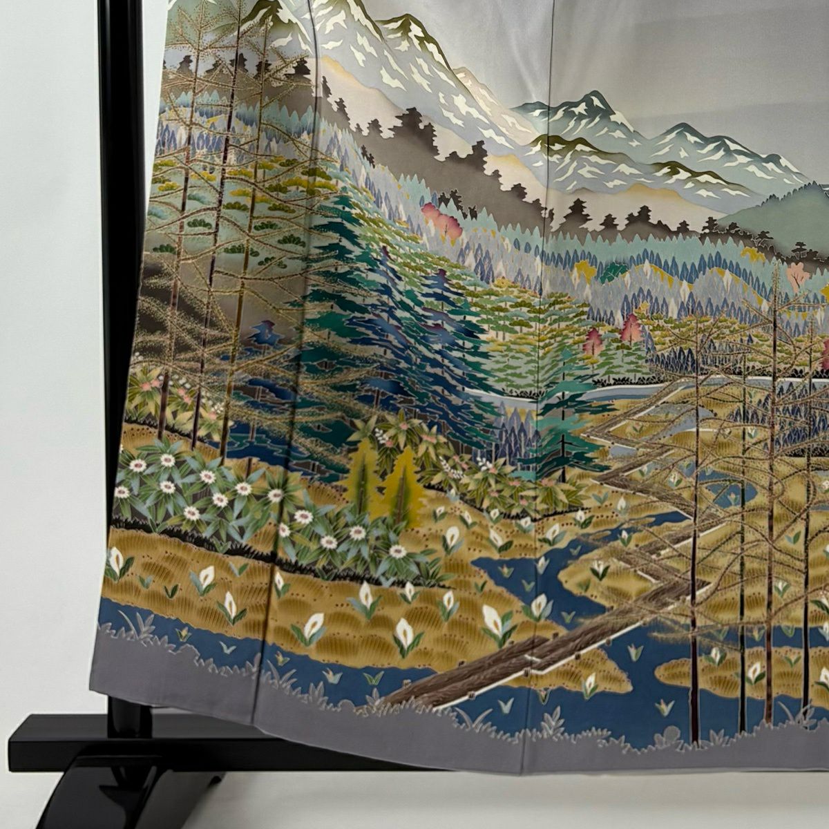 色留袖禮服 身長158.5cm 袖長62.5cm S 雙層 落款有 風景 山脈 漸層 灰紫 純蠶絲 優品級 三個紋