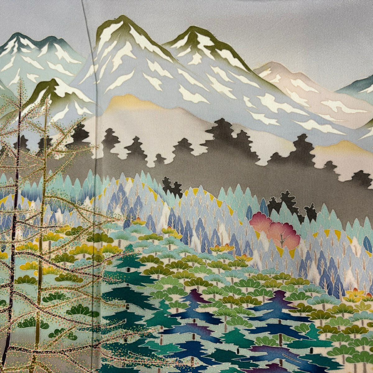 色留袖禮服 身長158.5cm 袖長62.5cm S 雙層 落款有 風景 山脈 漸層 灰紫 純蠶絲 優品級 三個紋
