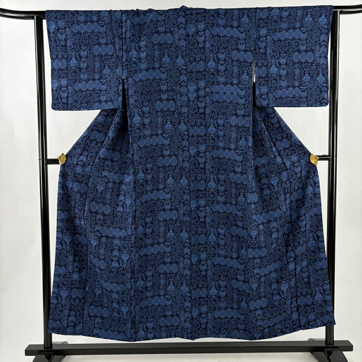 小紋 身長152.5cm 袖長64cm M 雙層 花器 花唐草紋 深藍 純蠶絲 秀品級
