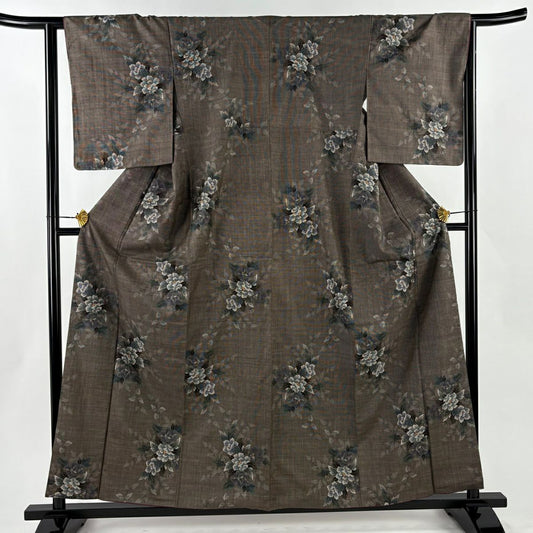 【美品】 大島織 身長159cm 袖長64cm M 雙層 純泥染 證書附帶 草花紋紋 焦茶 正蠶絲 優品級