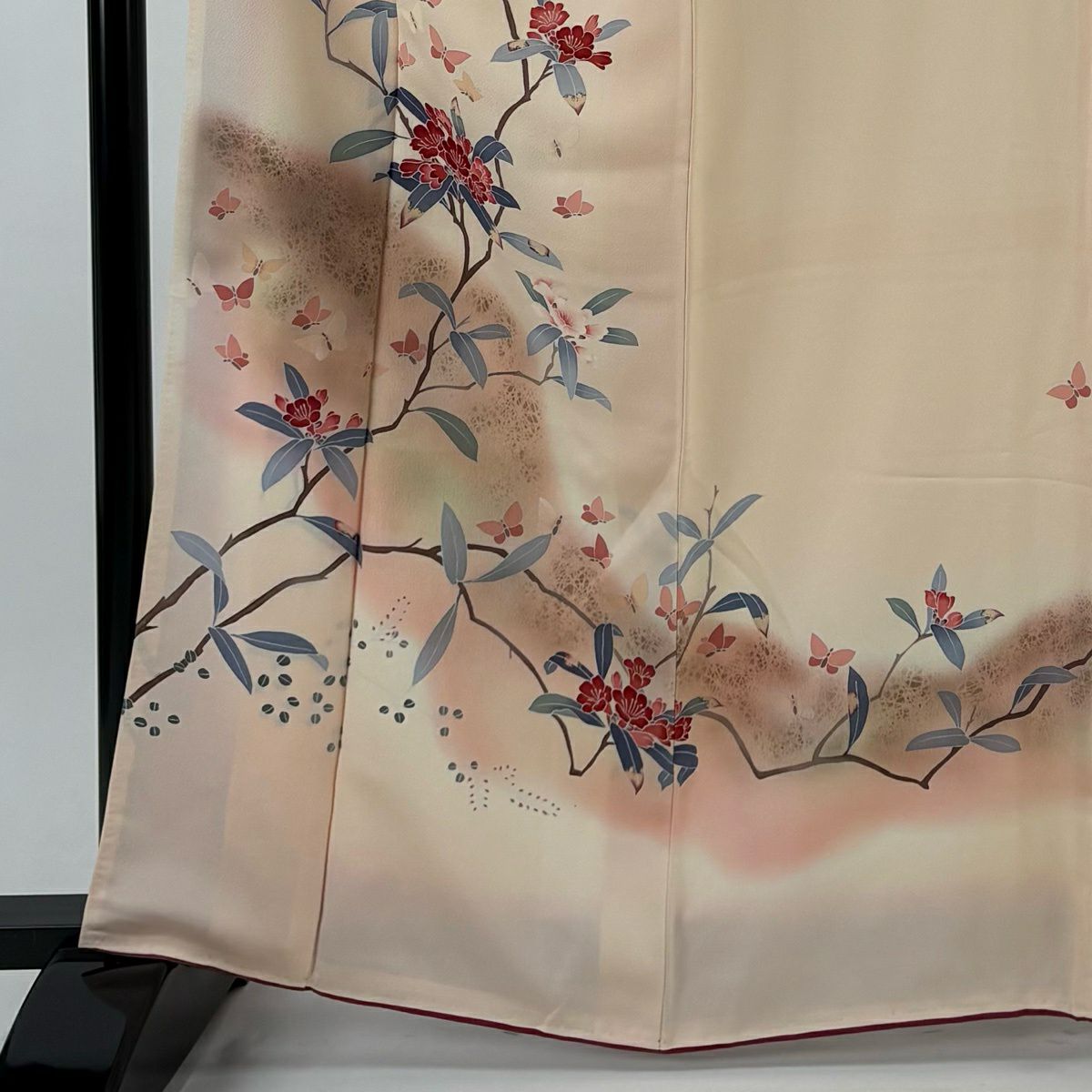 訪問服 身長164cm 袖長66.5cm M 雙層 枝花 蝶 金彩裝飾 漸層 淺粉色 純蠶絲 優品級