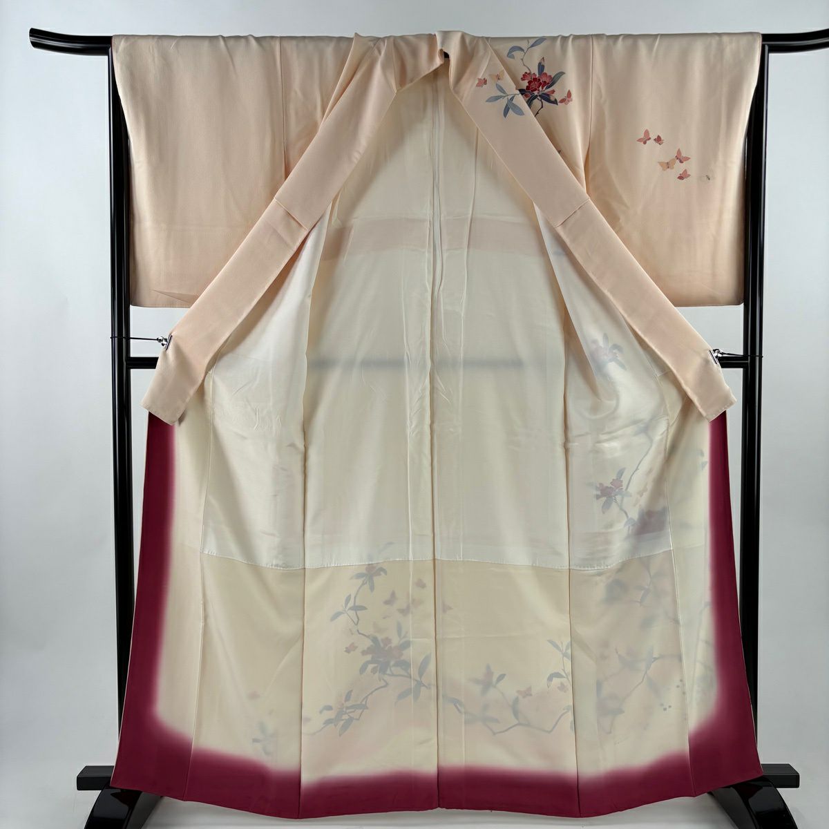 訪問服 身長164cm 袖長66.5cm M 雙層 枝花 蝶 金彩裝飾 漸層 淺粉色 純蠶絲 優品級