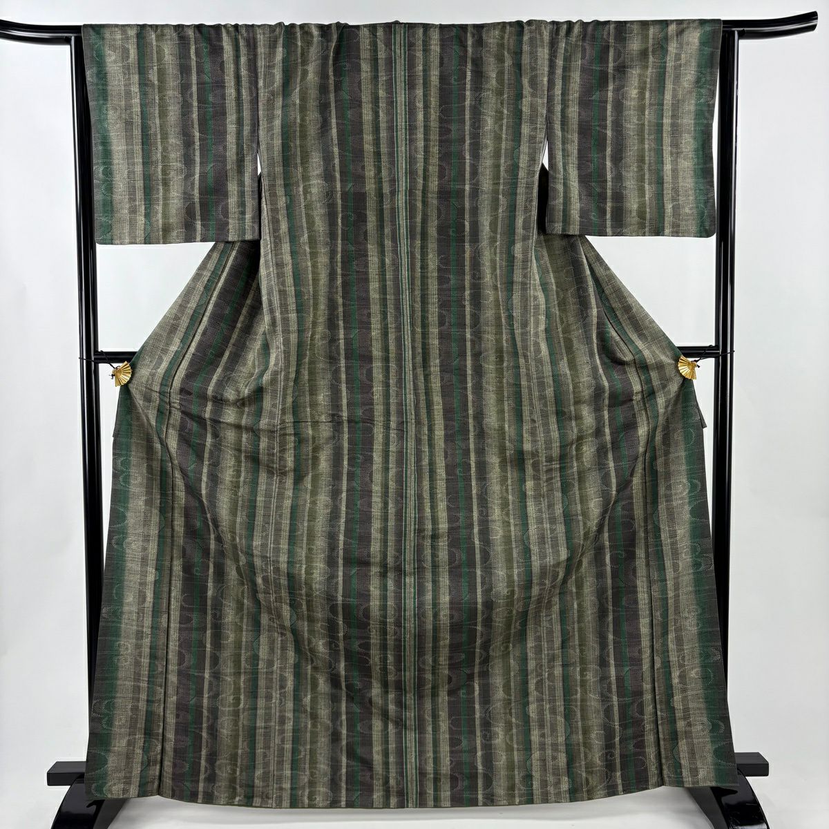 【美品】 紬織 身長166.5cm 袖長66cm M 雙層 観世水 縱條 灰綠 純蠶絲 秀品級